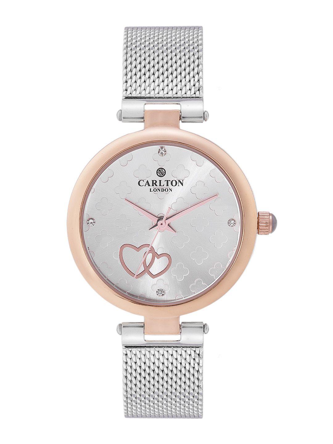 carlton london women silver-toned floral textured analogue watch cl020rsis