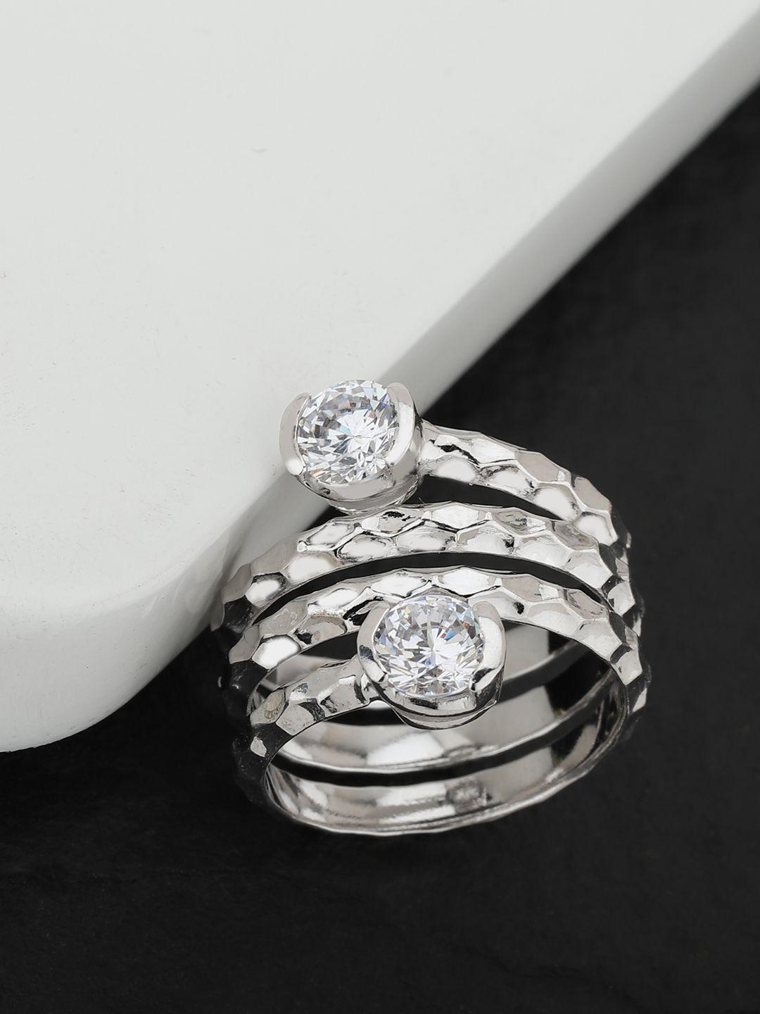 carlton london women silver-toned rhodium-plated cz-studded adjustable finger ring