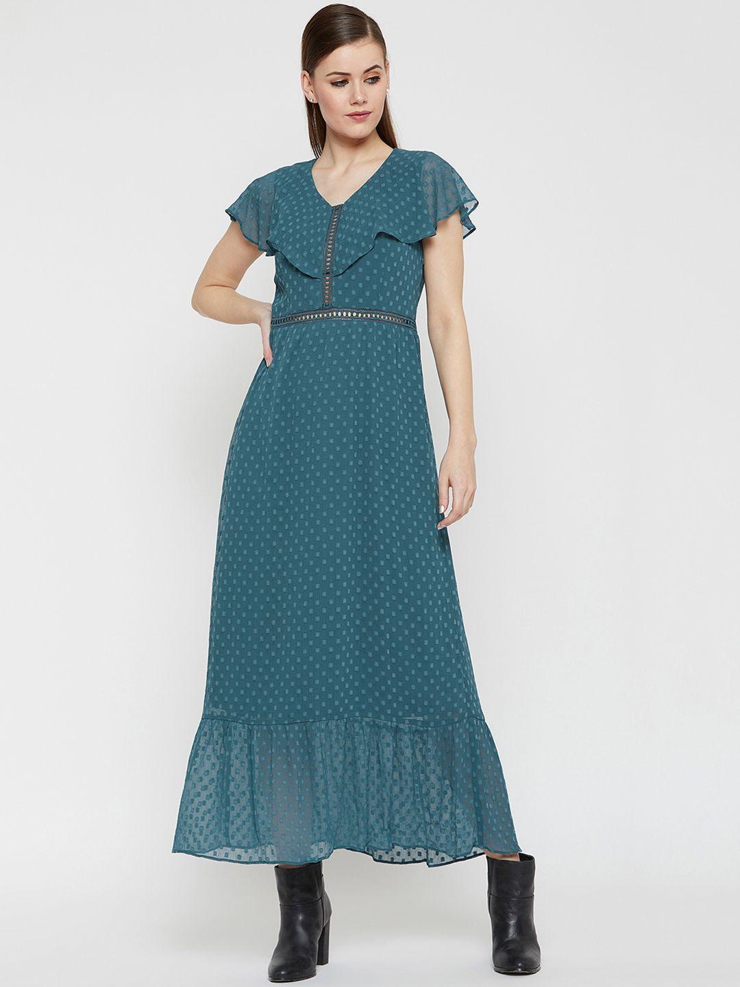 carlton london women teal blue self design fit and flare dress