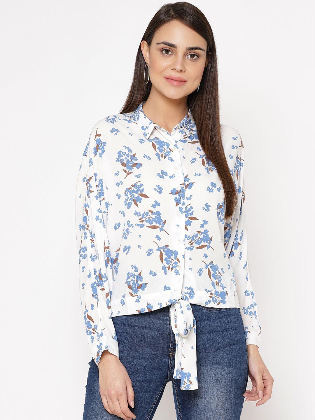 carlton london women white & blue regular fit printed casual shirt