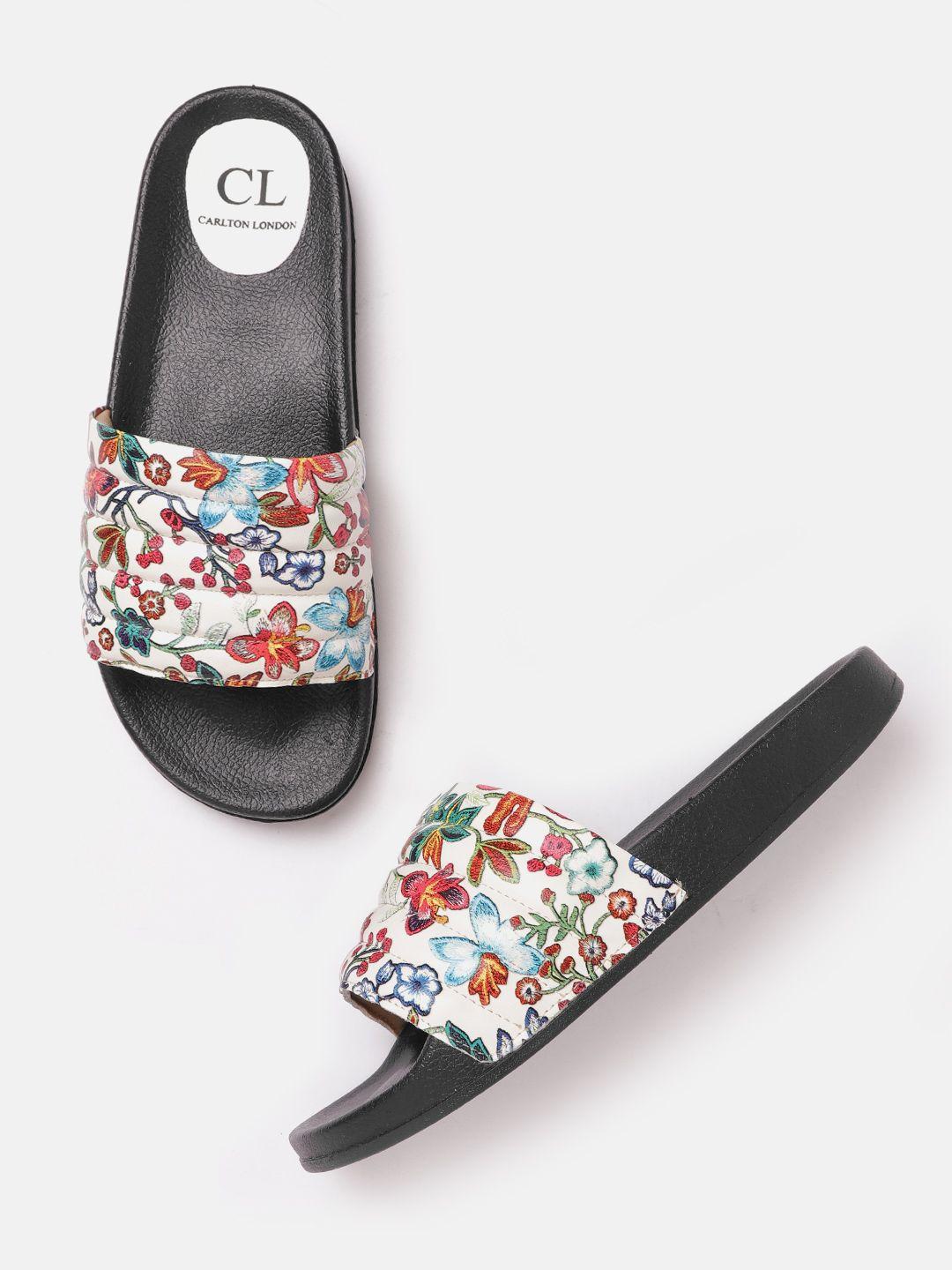 carlton london women white & green floral print open toe flats