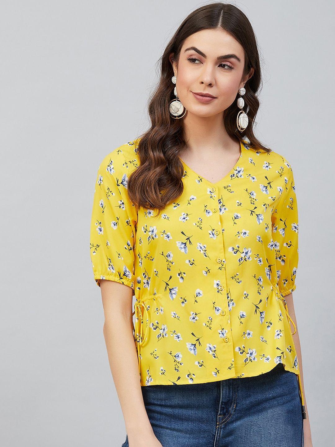 carlton london yellow floral printed  crepe regular top