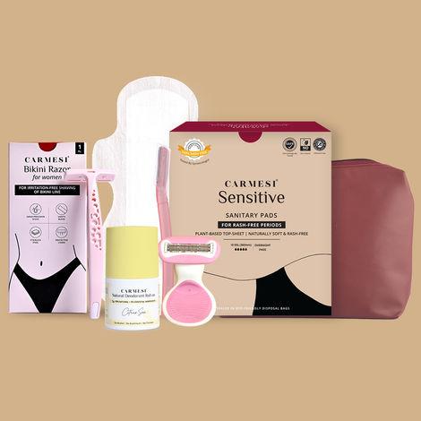 carmesi menstrual hygiene day combo | rash-free pads, facial razor, bikini razor, body razor mini, natural deodorant roll-on | free travel essentials pouch