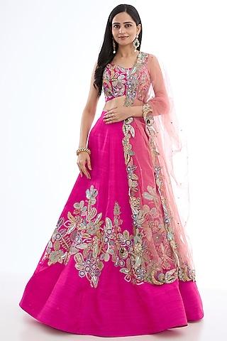 carmine pink raw silk applique embellished lehenga set