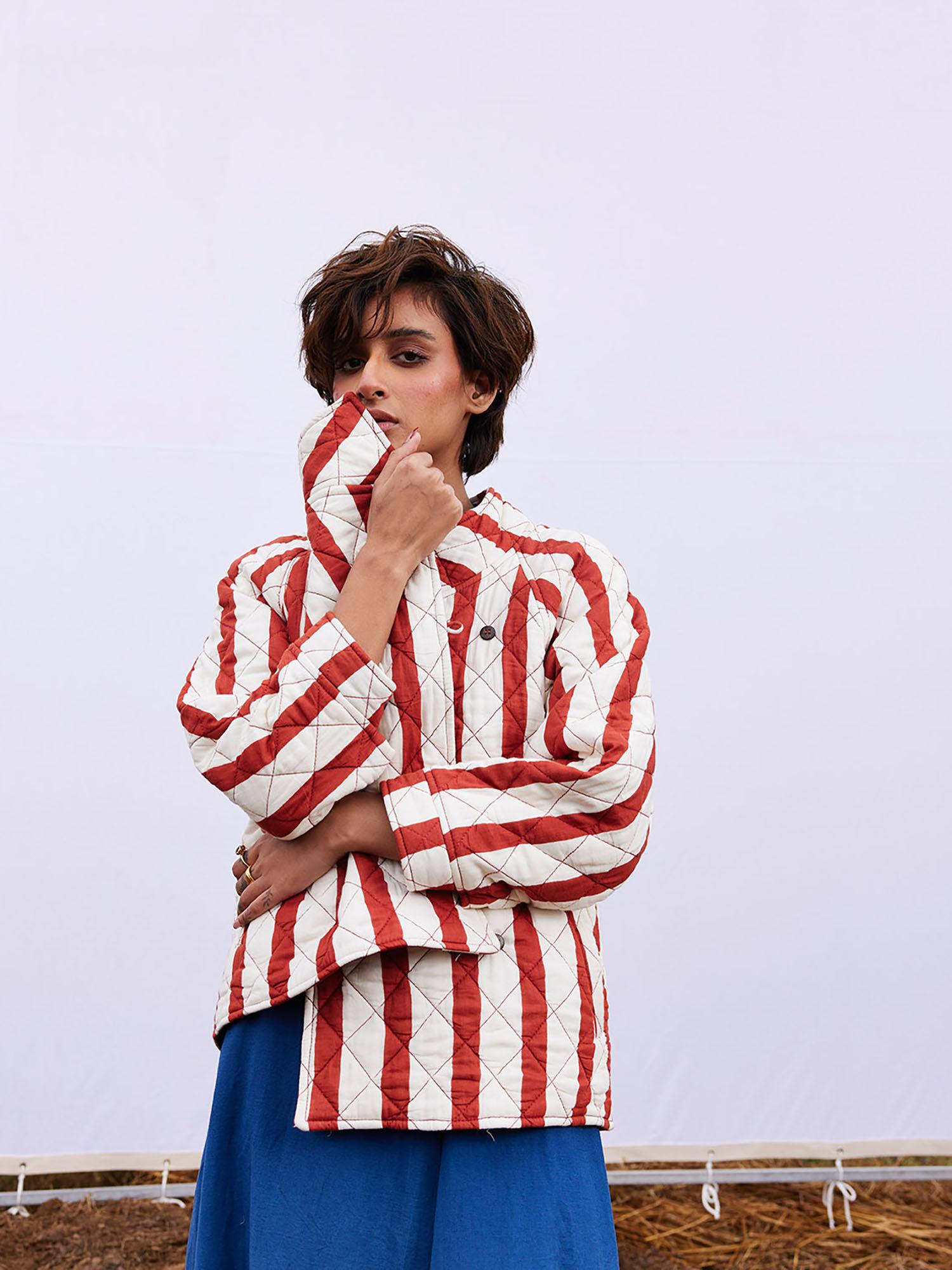 carmine red & off white striped jacket