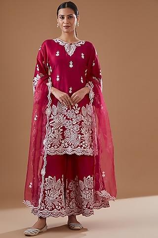 carmine red chanderi silk embroidered kurta set