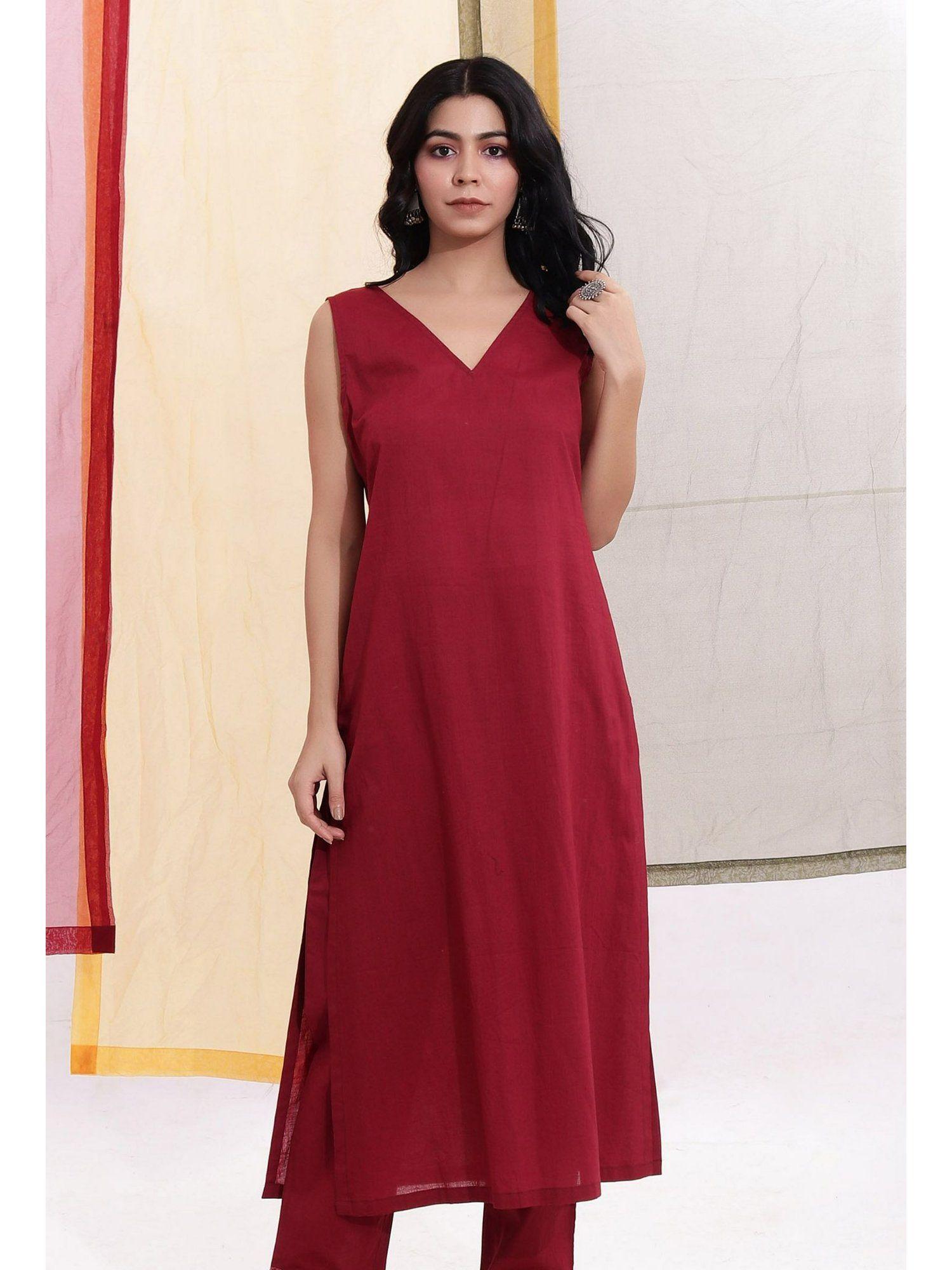 carmine red cotton sleeveless v-neck straight kurta