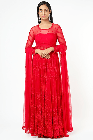 carmine red embroidered anarkali set