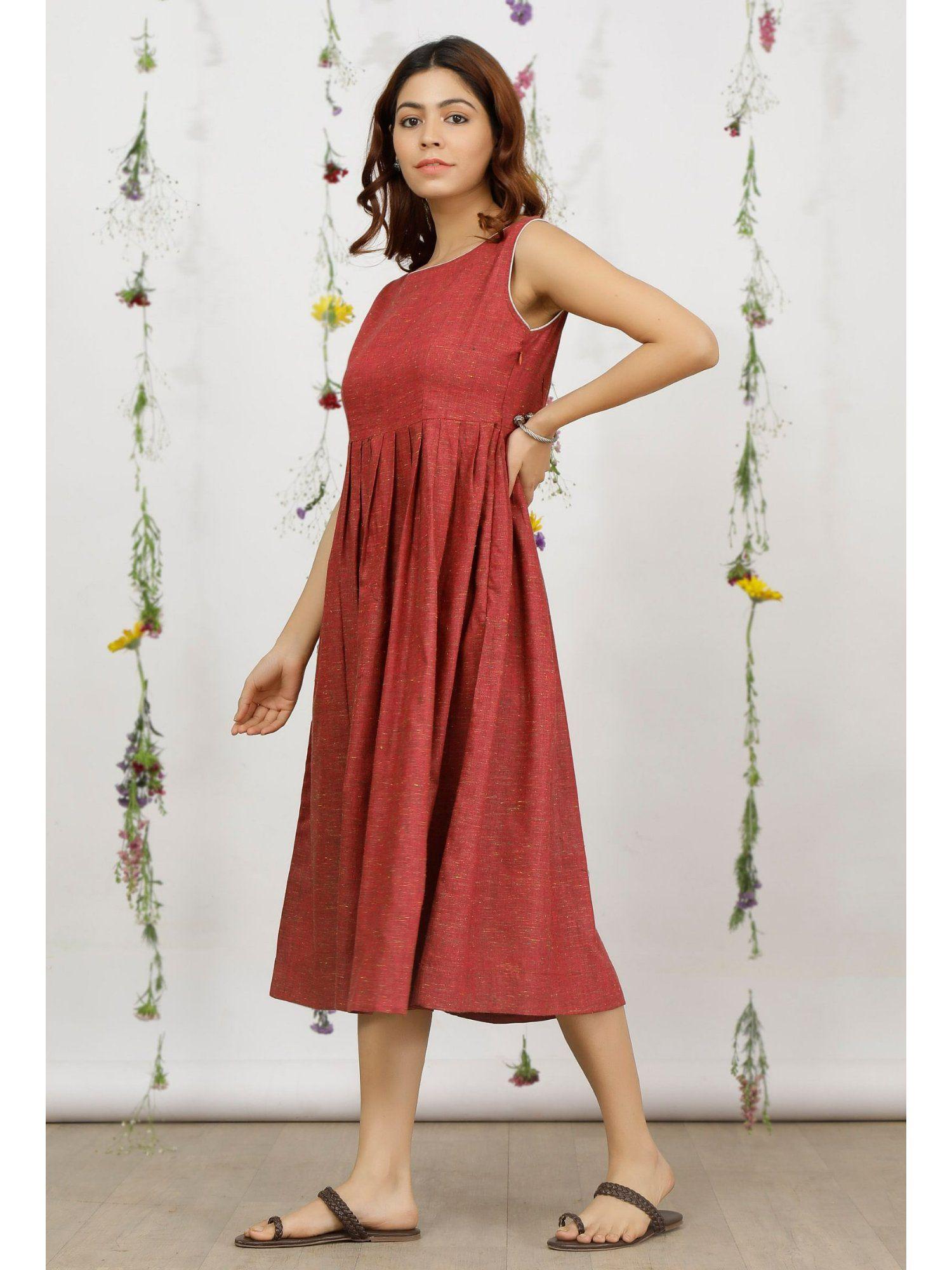 carmine red khadi cotton sleeveless flared dress