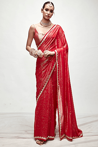 carmine red silk georgette metallic saree set