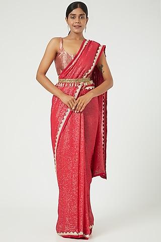 carmine red silk saree set