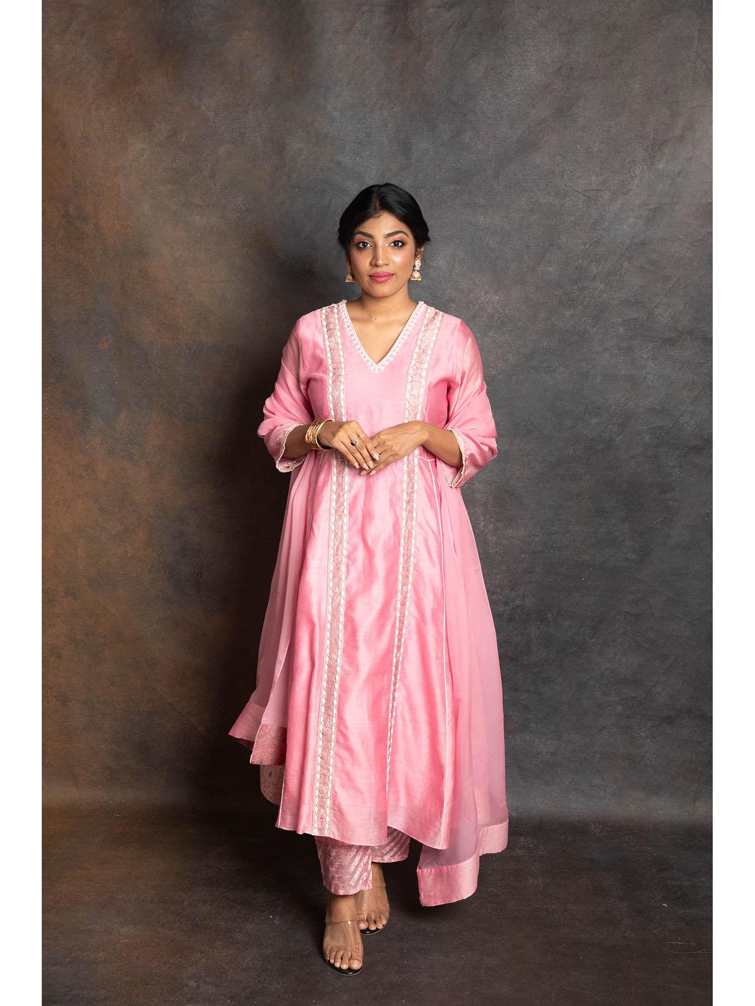 carnation pink banarasi anarkali with pant and dupatta (set of 3)