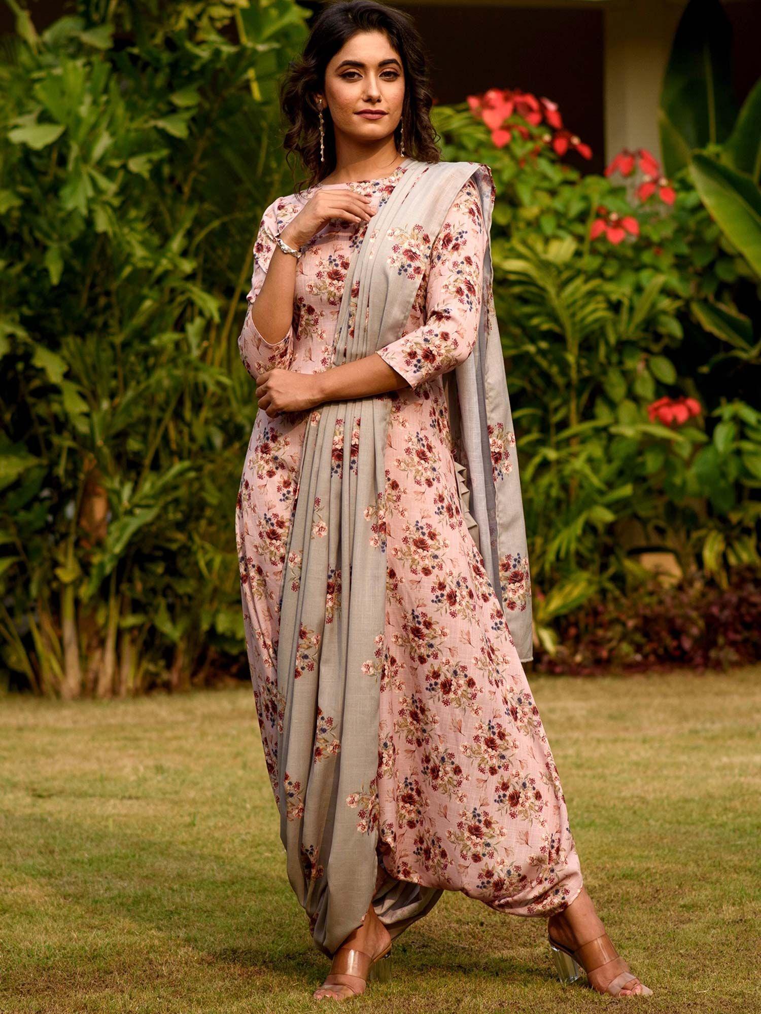 carnation pink dhoti jumpsuit with a detachable laurel green pallu