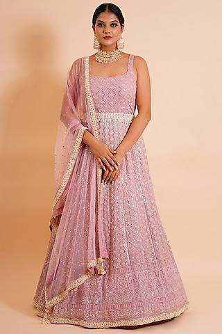 carnation pink embroidered anarkali with dupatta & belt