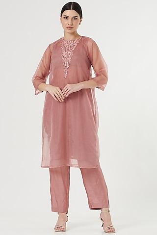 carnation pink embroidered kurta set