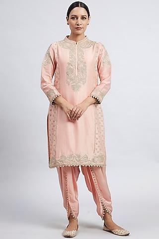 carnation pink embroidered kurta with dhoti