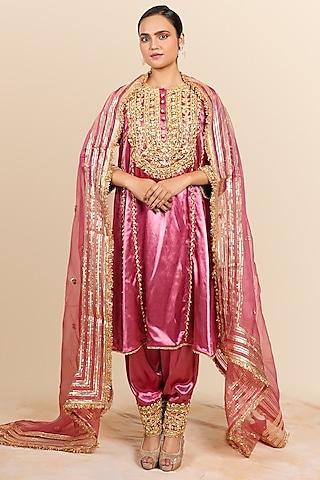 carnation pink mashru silk gota & sequins hand embroidered kurta set