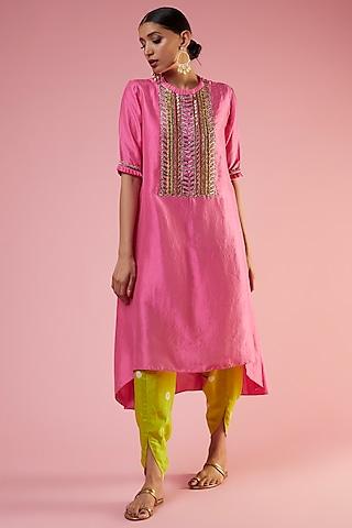 carnation pink silk embroidered kurta set