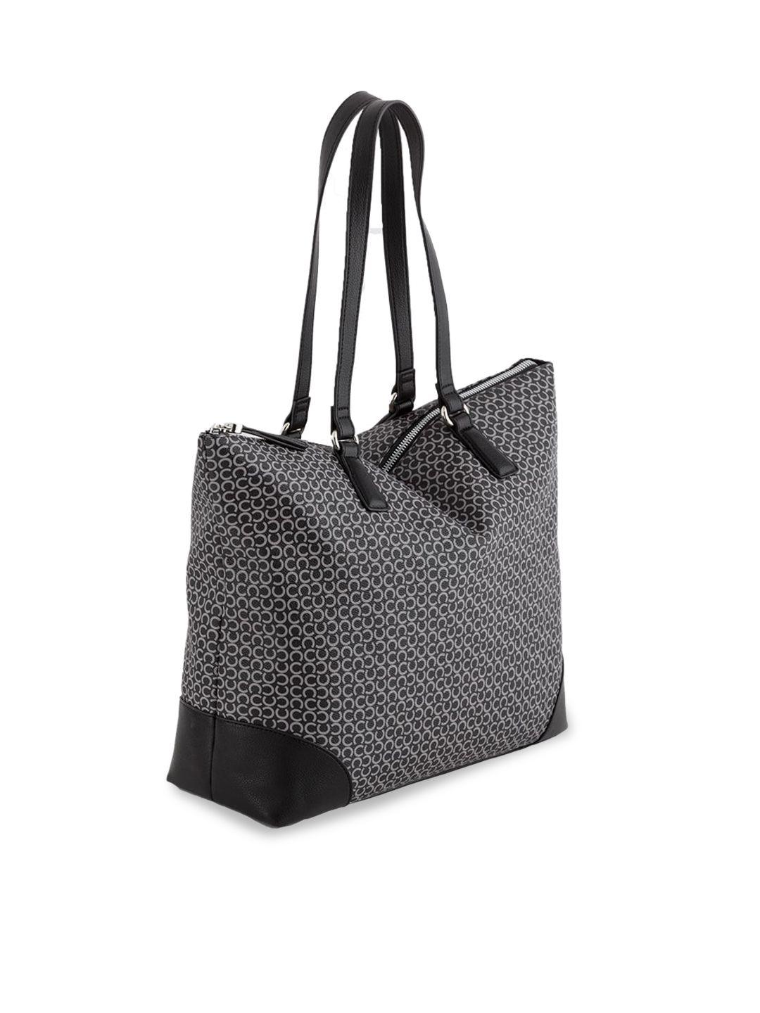 carpisa black geometric printed structured leather tote bag