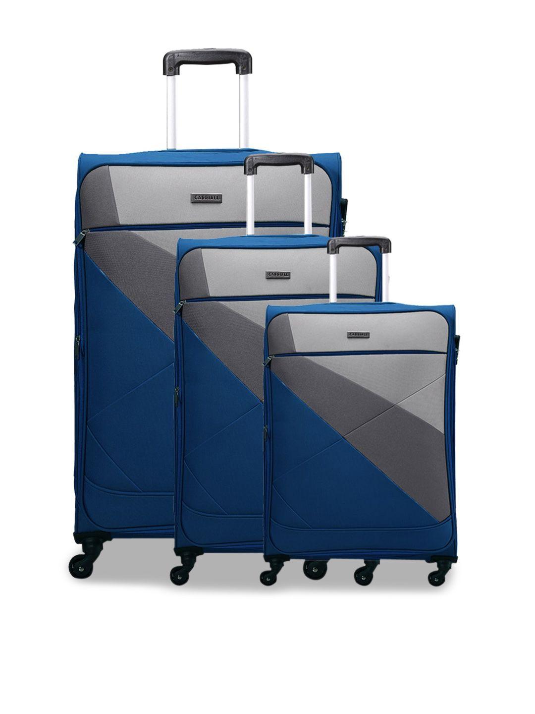 carriall set of 3 navy blue and grey solid soft-sided trolley bags