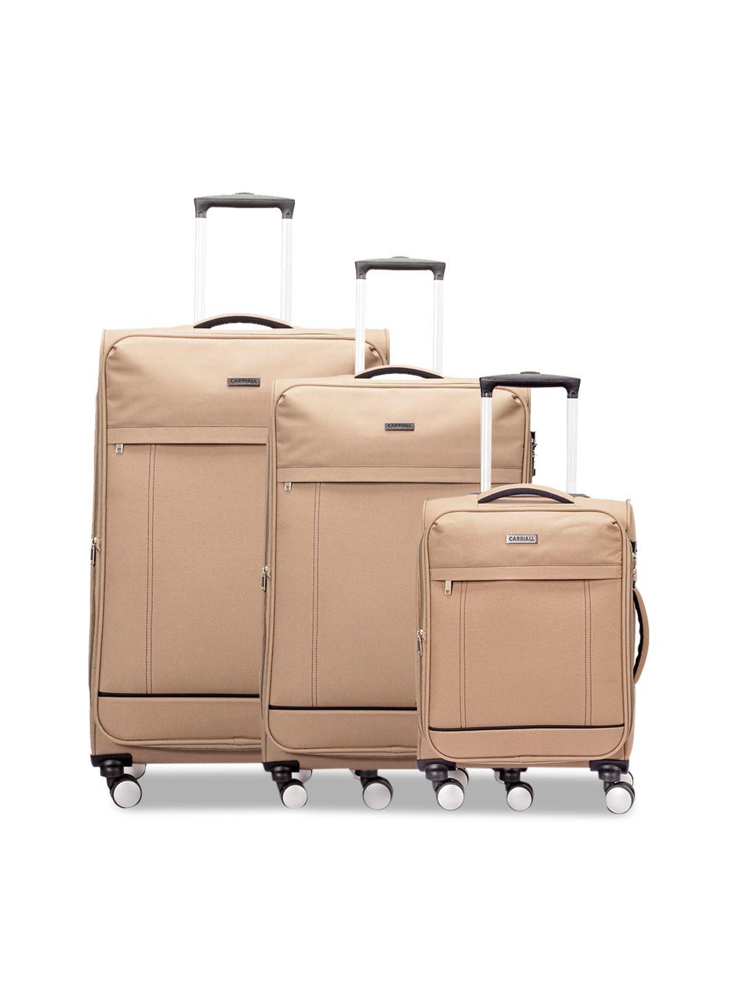 carriall beige set of 3 solid soft-sided trolley suitcases