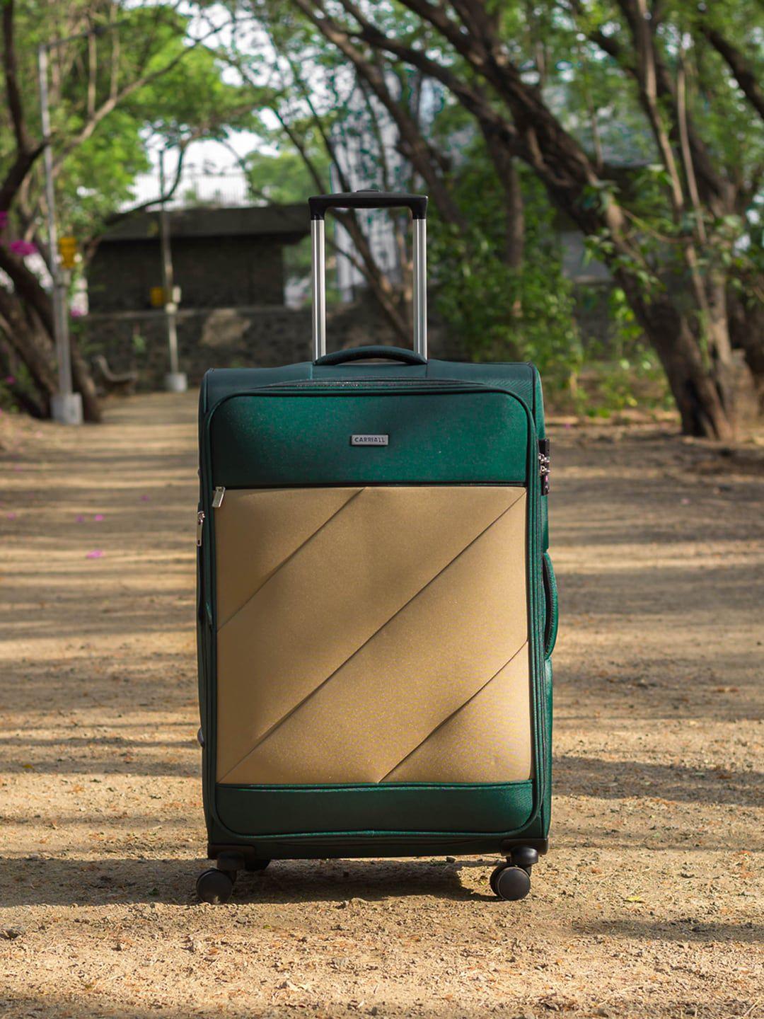 carriall green & beige color-blocked soft-sided cabin trolley suitcase