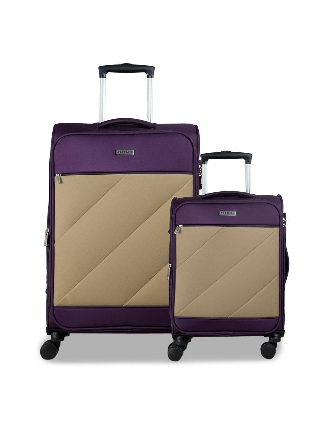 carriall set of 2 purple & beige colourblocked soft-sided trolley suitcases