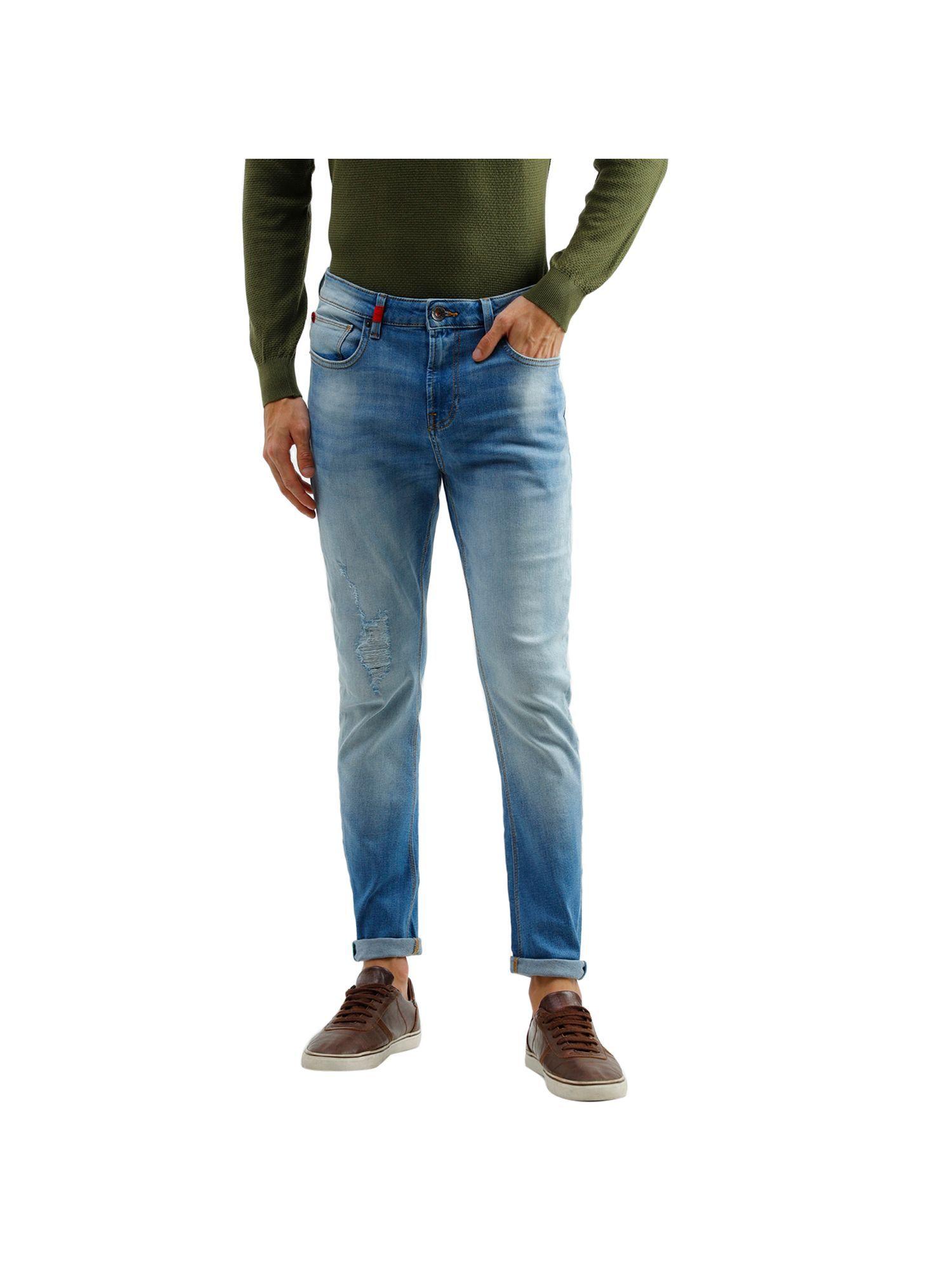 carrot fit faded blue hi stretch jeans