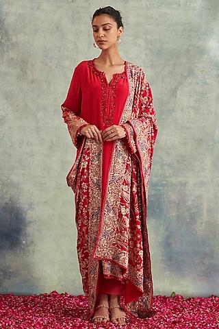 carrot red crepe embroidered kurta set