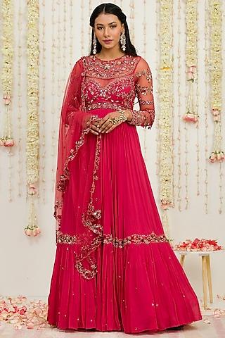 carrot red embroidered anarkali set