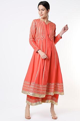 carrot red embroidered angrakha anarkali set