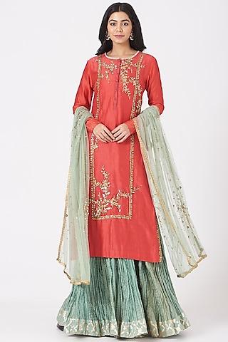 carrot red embroidered kurta set