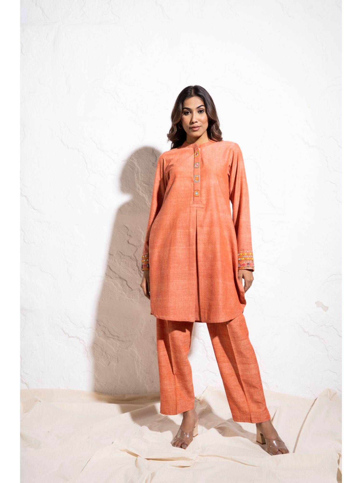 carrot red handwoven cotton embroidered co-ord (set of 2)