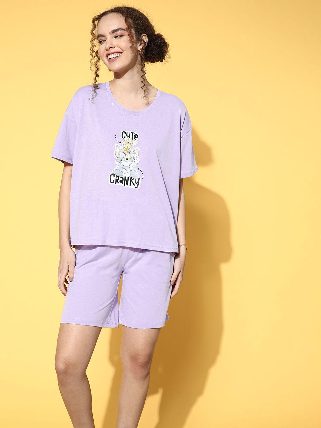 cartoon network by dressberry women lavender & white tom & jerry print shorts set