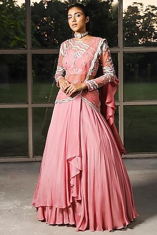 cashmere pink embroidered draped saree set