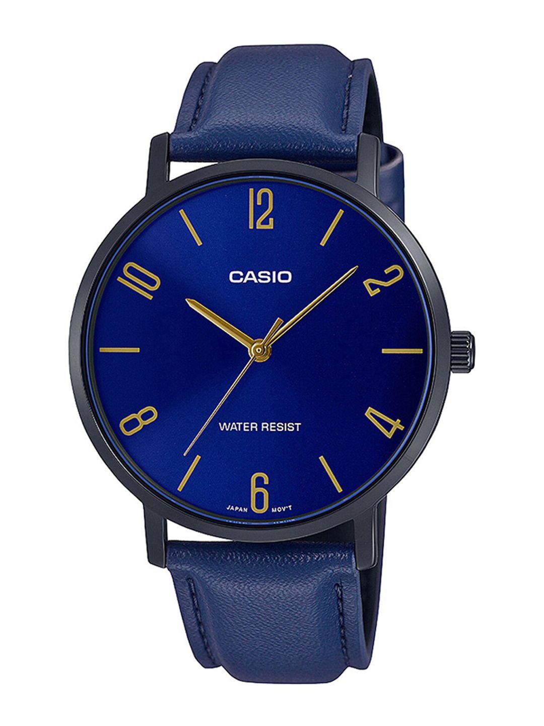 casio men blue dial & blue leather straps analogue watch