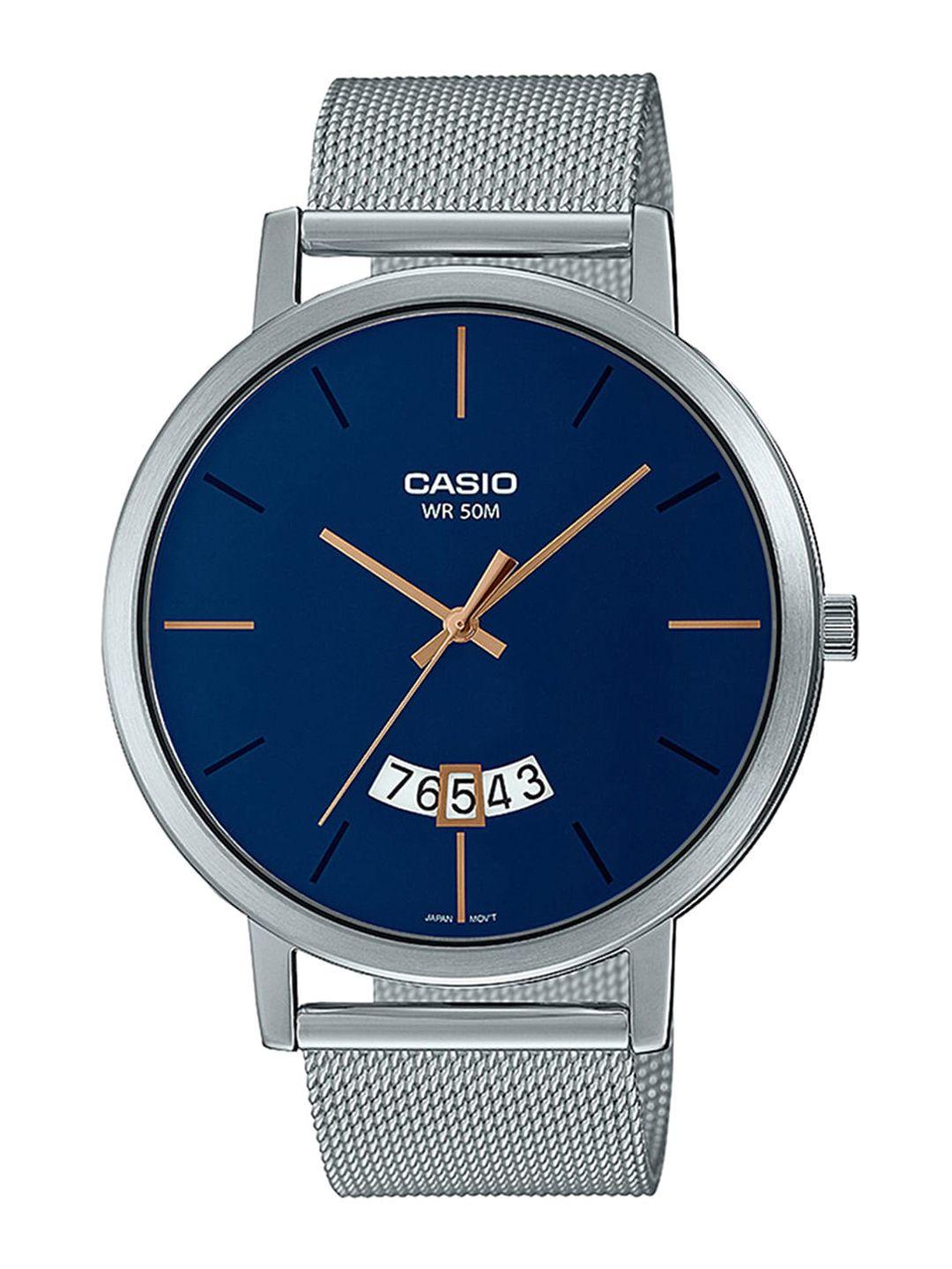 casio men blue dial & silver toned stainless steel bracelet style straps analogue watch