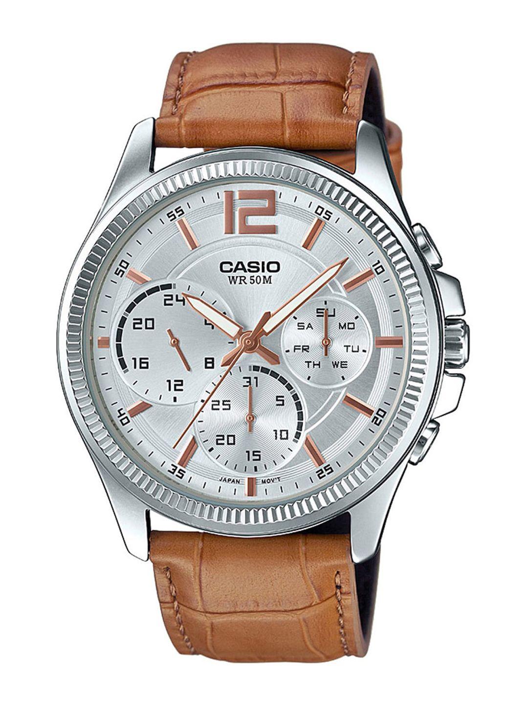 casio men white dial & brown textured leather straps analogue watch a1890