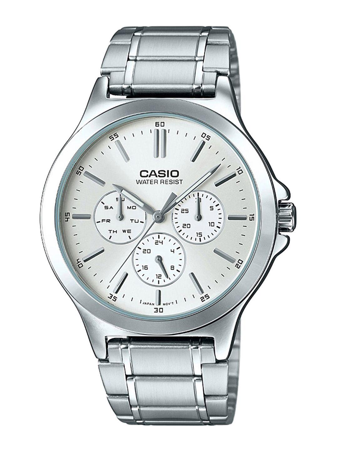 casio men white dial & silver toned bracelet style straps analogue watch
