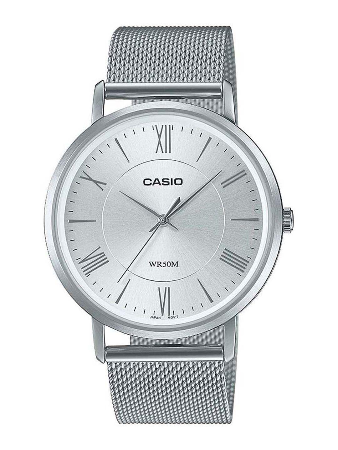 casio men white dial & silver toned stainless steel textured straps analogue watch a1919