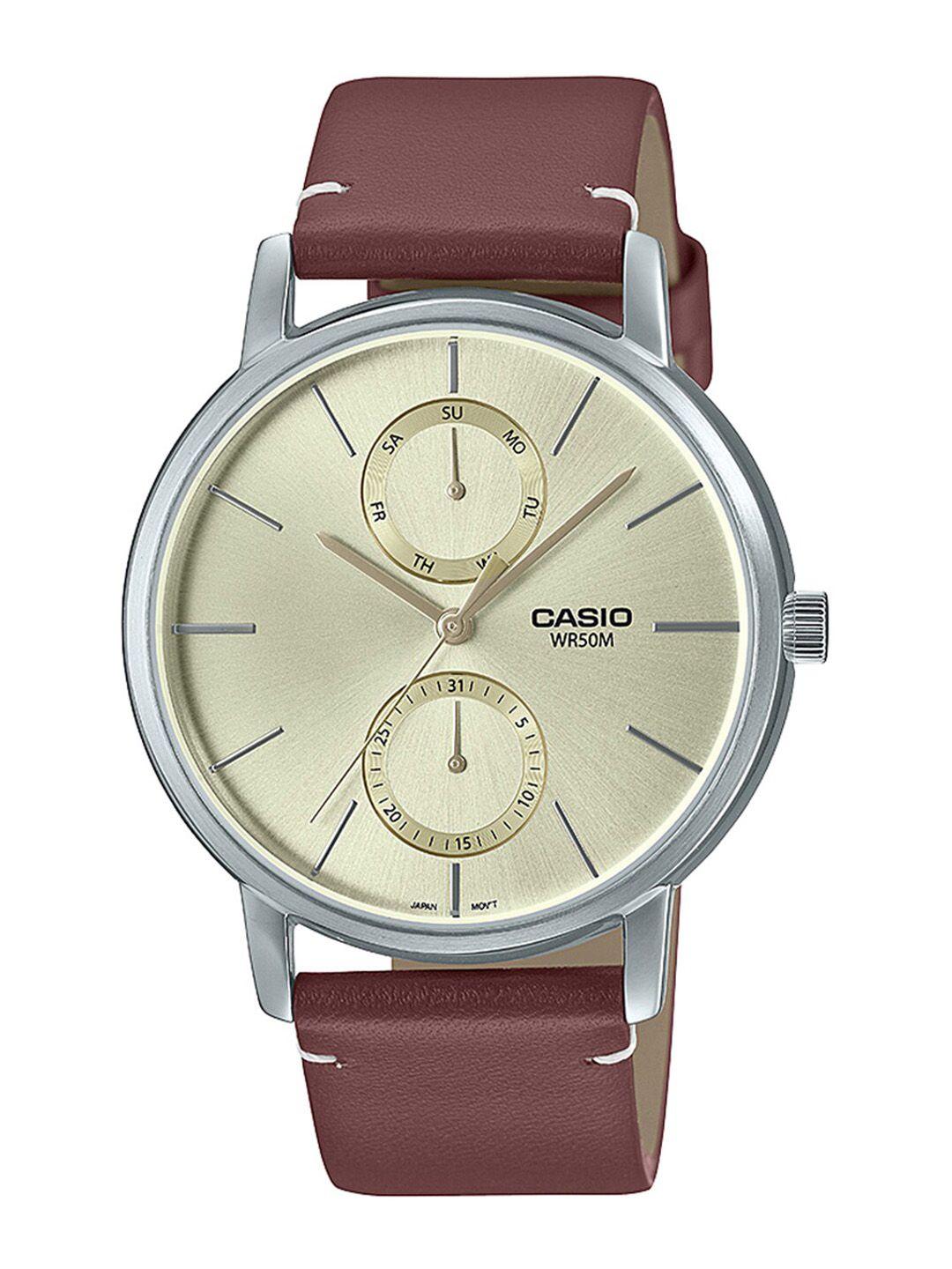 casio men beige dial & brown leather straps analogue watch
