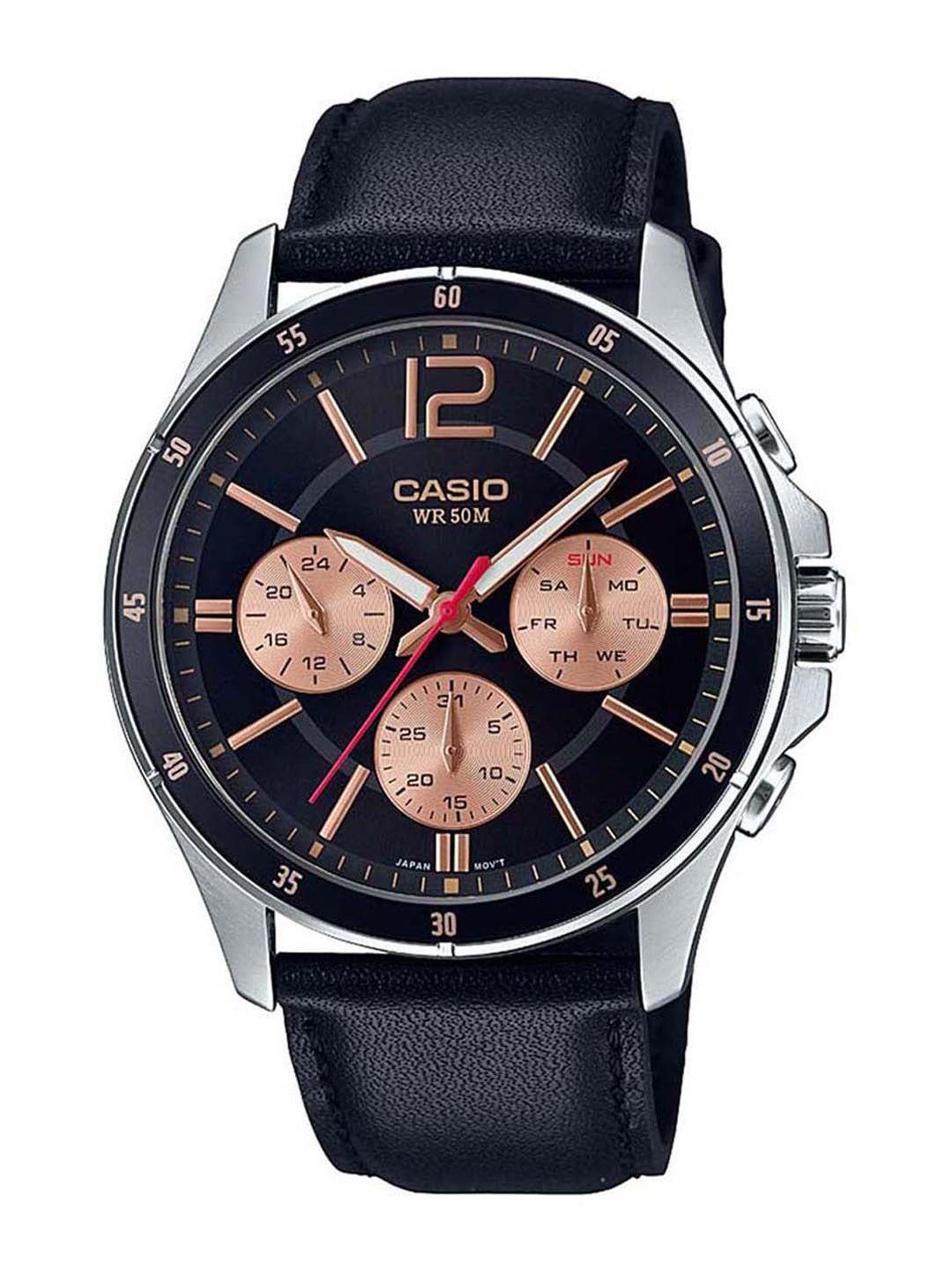 casio men black dial & black leather straps analogue watch a1888