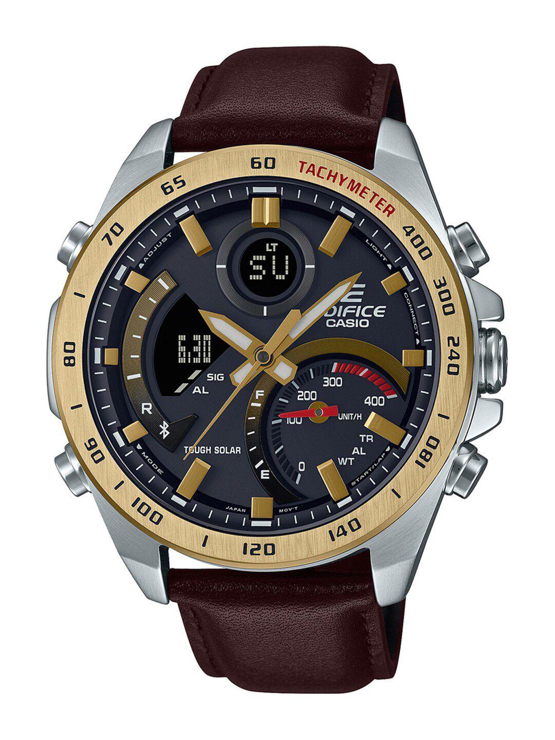 casio men gold-toned & brown leather straps analogue and digital chronograph watch-ex530