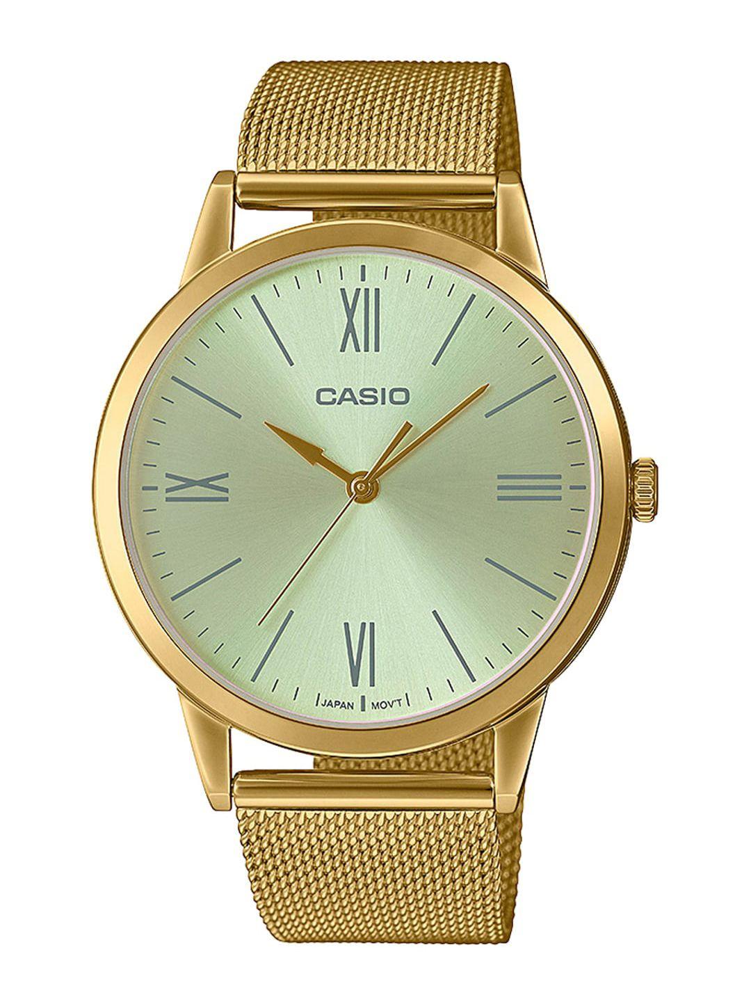 casio men silver-toned dial & gold-plated stainless steel bracelet style straps analogue watch