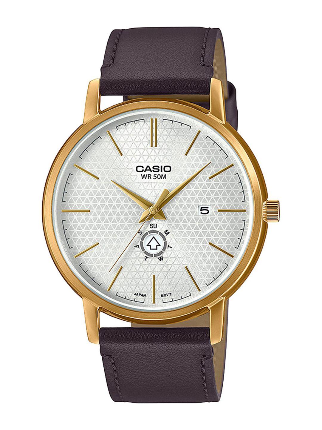 casio men white dial & brown leather straps analogue watch a2053-white