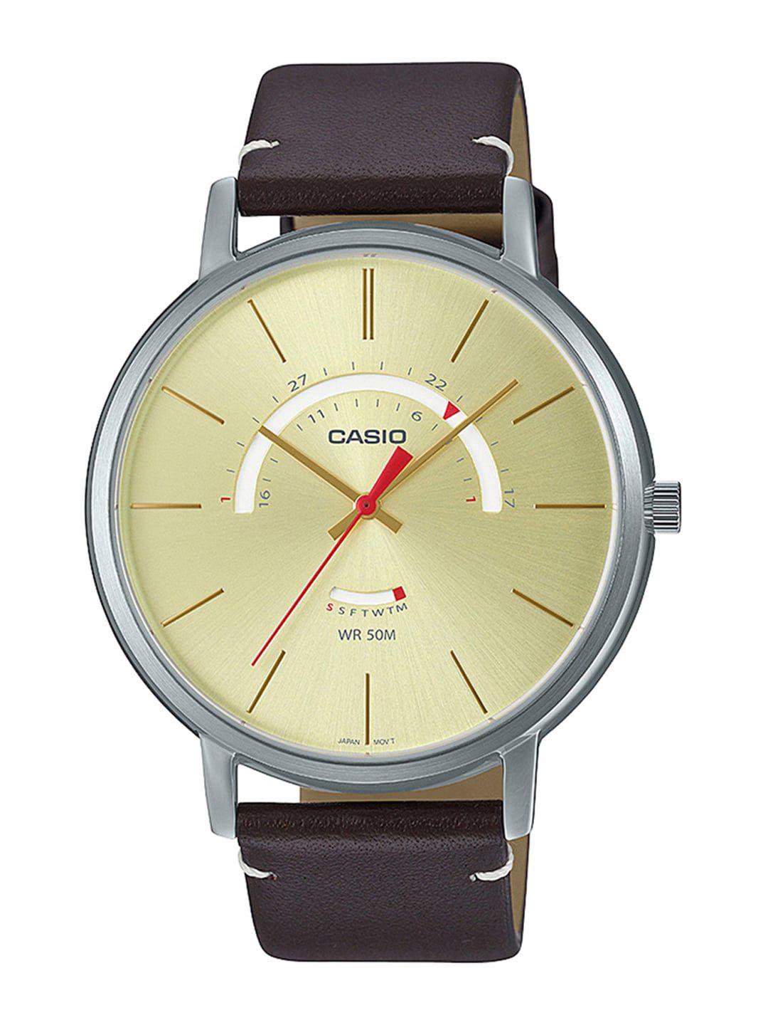 casio men yellow dial & brown leather straps analogue watch a1879