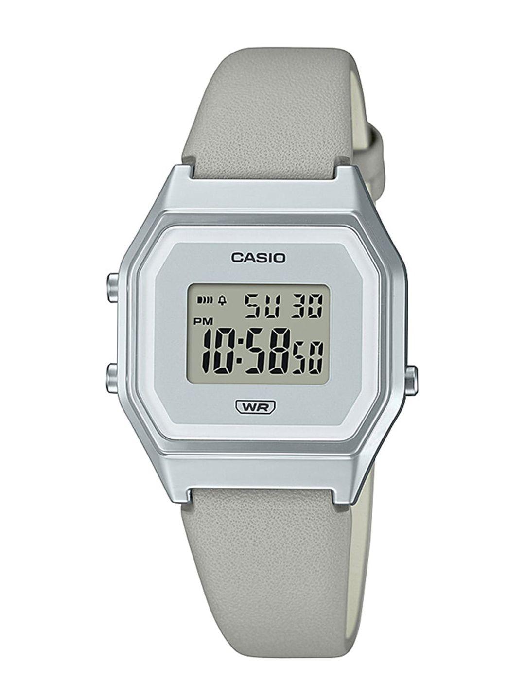 casio unisex white dial & grey leather straps digital watch d287