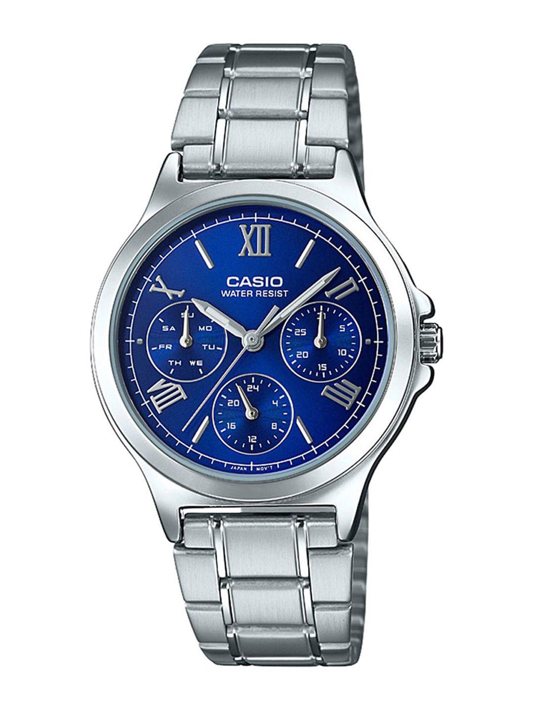 casio women blue printed dial & silver toned bracelet style straps analogue watch