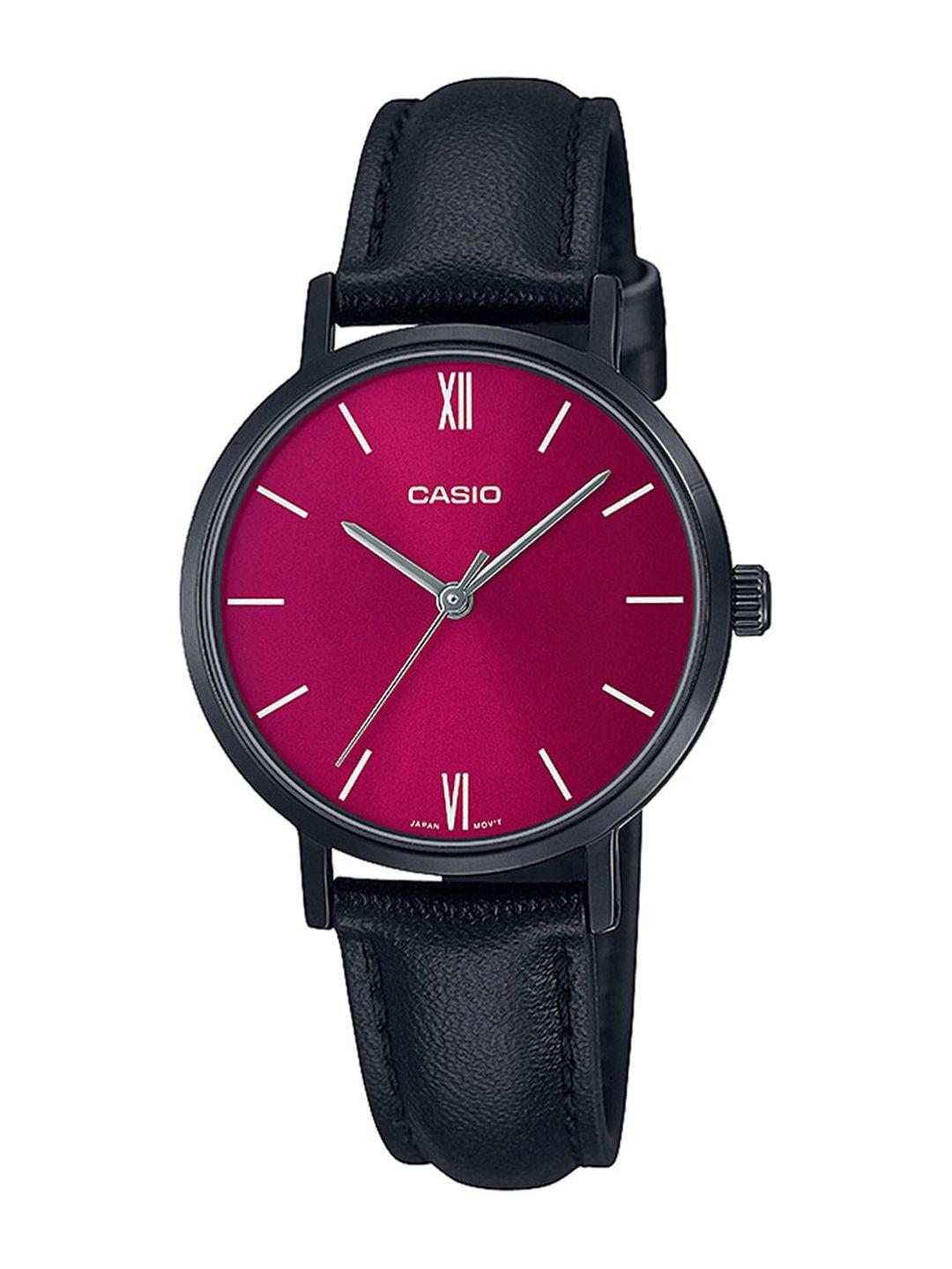 casio women pink dial & black leather straps analogue watch - ltp-vt02bl-4audf