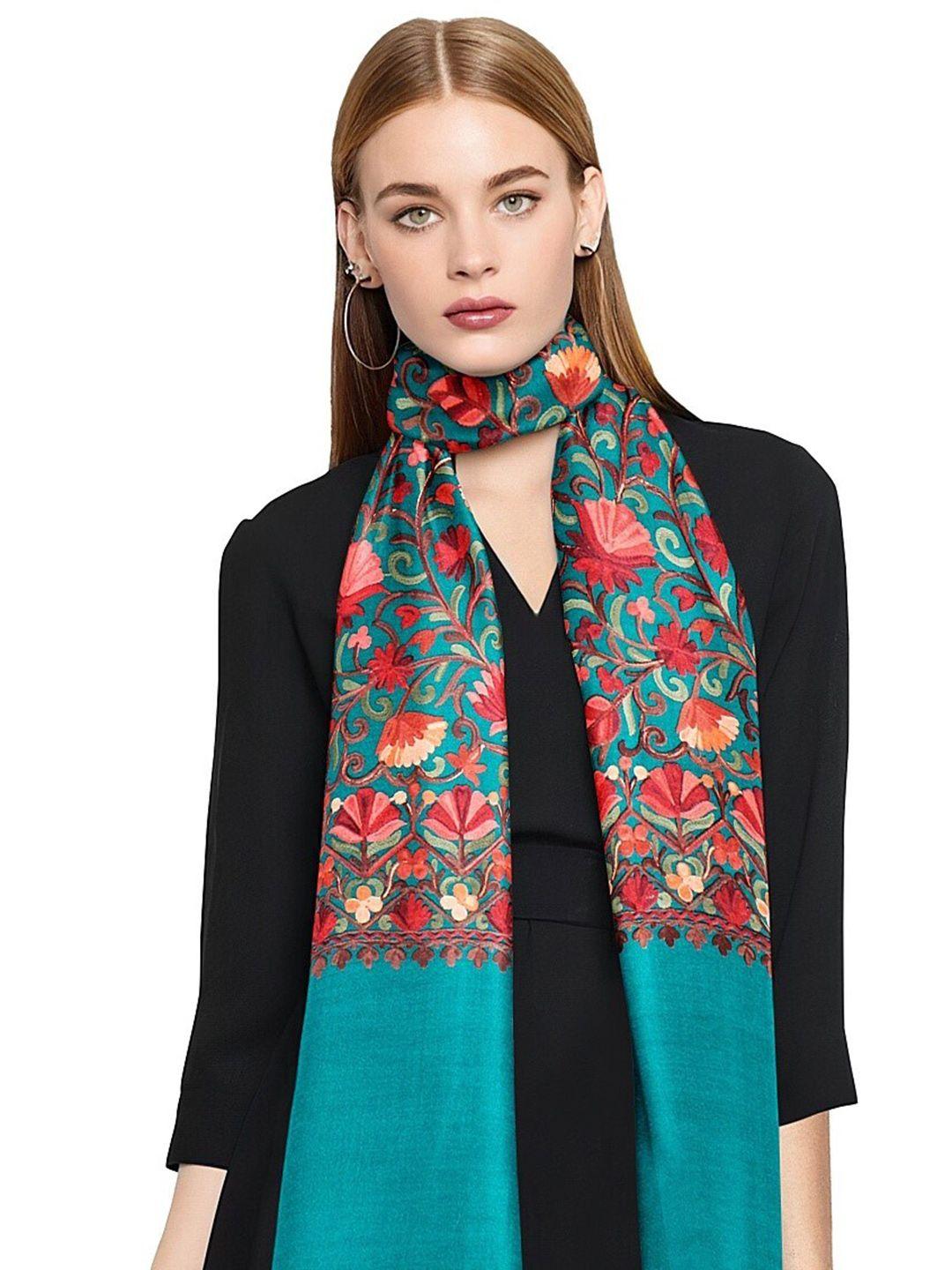casmir unisex sea green & red embroidered shawl
